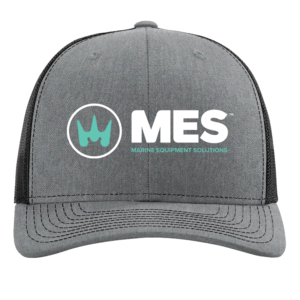 Heather Grey Front and Black Mesh Back trucker hat with the MES logo embroidered on the front and no logo on the side