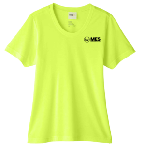 Safety Green Women's Performance short sleeve tee with the MES logo on the left chest
