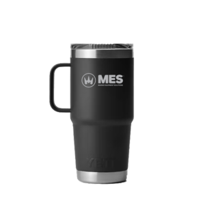 Black Yeti Rambler Travel Tumbler 20oz with the MES logo laser etched in